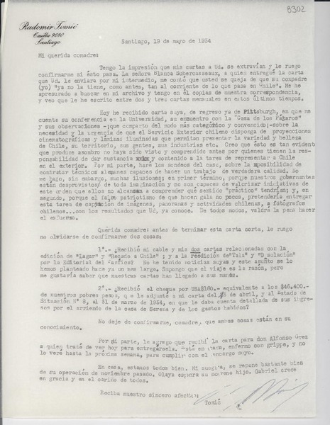 [Carta] 1954 mayo 19, Santiago [a] Gabriela Mistral