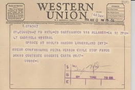 [Telegrama] 1954 ago. 12, Santiago [a] Gabriela Mistral, Long Island