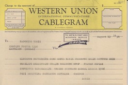 [Telegrama] 1954 Aug. 13, [EE. UU.] [a] Radomiro Tomic, Santiago, Chile