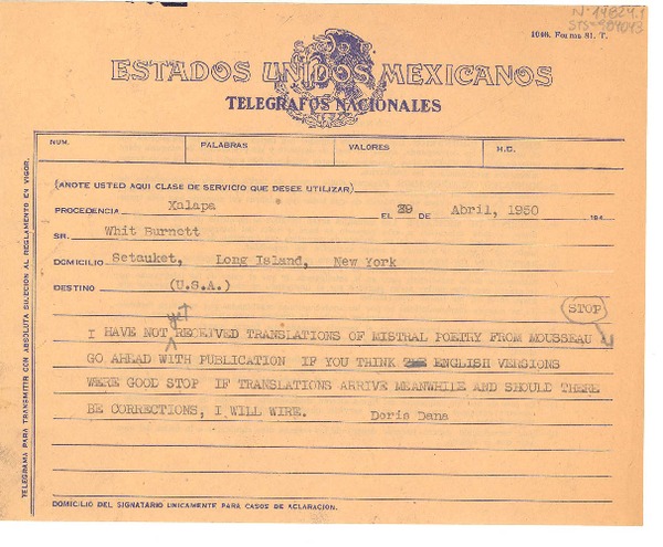 [Telegrama] 1950 apr. 25, Xalapa, [México] [a] Whit Burnett, Long Island, New York, [Estados Unidos]