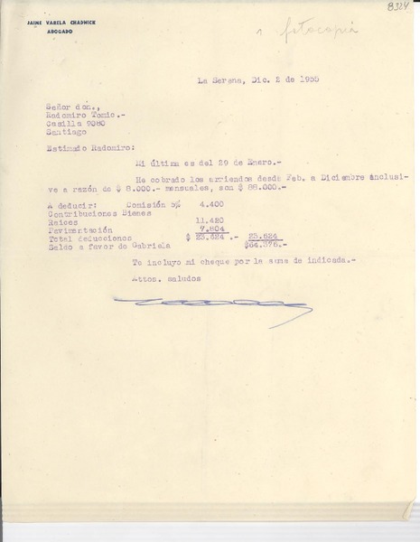 [Carta] 1955 dic. 2, La Serena, [Chile] [a] Radomiro Tomic, Santiago, [Chile]