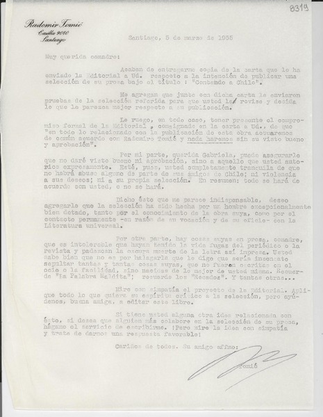 [Carta] 1955 mar. 5, Santiago [a] Gabriela Mistral