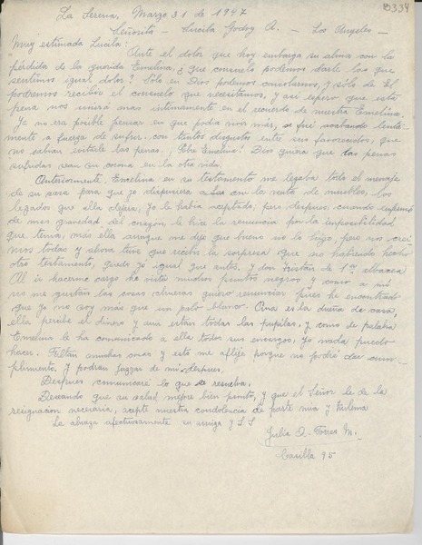 [Carta] 1947 mar. 31, La Serena, [Chile] [a] Lucila Godoy A., Los Angeles, [EE.UU.]
