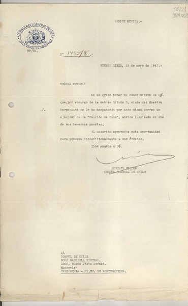 [Carta] 1947 mayo 16, Buenos Aires, [Argentina] [al] Cónsul de Chile Doña Gabriela Mistral, 1305, Buena Vista Street, Monrovia, California, EE.UU. de Norteamerica