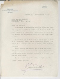 [Carta] 1947 oct. 14, México D. F. [a] Gabriela Mistral, Cónsul de Chile, Los Angeles, California, [EE.UU.]