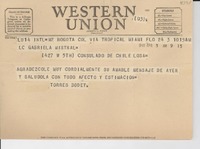 [Telegrama] 1948 abr. 3, Bogotá, Colombia [a] Gabriela Mistral, Los Angeles, [EE.UU.]