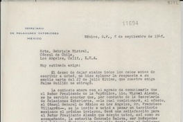 [Carta] 1948 sept. 8, México, D. F., México [a] Gabriela Mistral, Cónsul de Chile, Los Angeles, California, [EE.UU.]