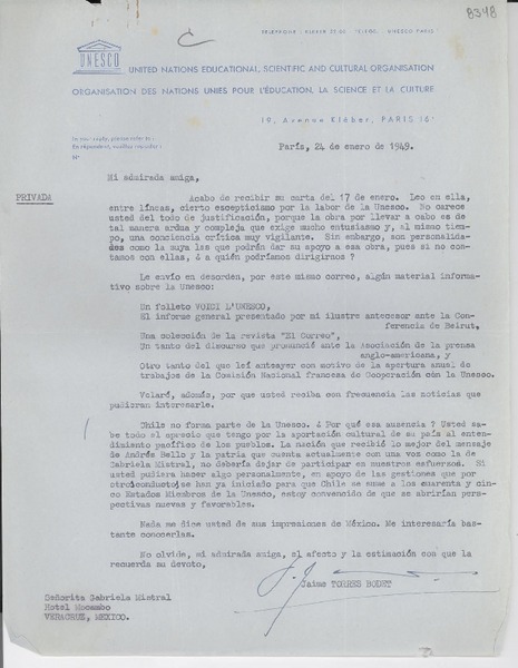 [Carta] 1949 ene. 24, París [a] Gabriela Mistral, Veracruz, México