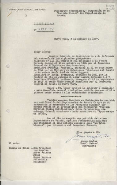Circular N° 2981-41, 1947 oct. 3, New York, [Estados Unidos] [a] los señores Cónsules de Chile en Estados Unidos