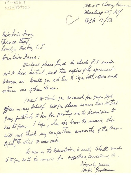 [Carta] 1953 sep. 17, New York, [Estados Unidos] [a] Doris Dana, Long Island, [Estados unidos]