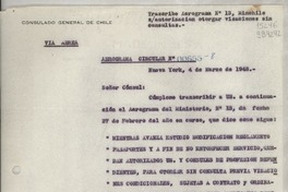 Aerograma circular N° 8, 1948 mar. 4, Nueva York, [Estados Unidos] [al] señor Cónsul de Chile, Santa Bárbara
