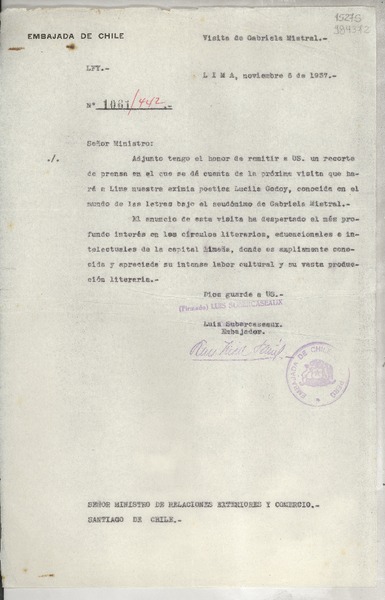 [Circular] N° 1061442, 1937 nov. 6, Lima, [Perú] [a] Señor Ministro de Relaciones Exteriores y Comercio, Santiago de Chile