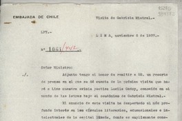 [Circular] N° 1061442, 1937 nov. 6, Lima, [Perú] [a] Señor Ministro de Relaciones Exteriores y Comercio, Santiago de Chile