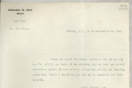 [Oficio] N° 911703, 1949 nov. 4, México, D.F., México [a la] Señorita, Gabriela Mistral, Cónsul de Chile en Comisión, Jalapa, Ver., [México]
