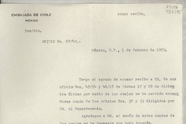 Oficio N° 6740, 1950 feb. 1, México, D.F., México [a la] Señorita, Gabriela Mistral, Cónsul de Chile en Comisión, Veracruz, Ver., [México]