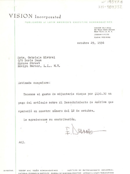 [Carta] 1956 oct. 29, New York, [Estados Unidos] [a] Gabriela Mistral co Doris Dana, Long Island, New York, [Estados Unidos]