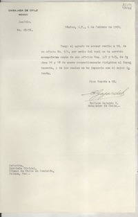 [Oficio] N° 9856, 1950 feb. 6, México, D.F., México [a la] Señorita, Gabriela Mistral, Cónsul de Chile en Comisión, Jalapa, Ver., [México]