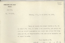 [Oficio] N° 272168, 1950 abr. 13, México, D.F., México [a la] Señorita, Gabriela Mistral, Cónsul de Chile en Comisión, Jalapa, Ver., [México]