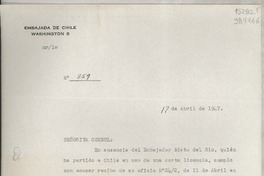 [Circular] N° 859, 1947 abr. 17, Washington [a] Señorita Lucila Godoy, Cónsul de Chile en Los Angeles, California