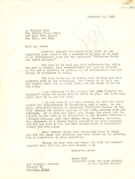 [Carta] 1951 feb. 23, Rapallo, Italia [a] dr. A. William Loos, New York, [Estados Unidos]