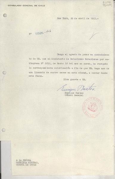 [Oficio] N° 0526-426, 1953 abr. 20, New York, Estados Unidos [a la] Señora Gabriela Mistral, Cónsul de Chile
