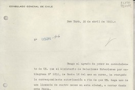 [Oficio] N° 0526-426, 1953 abr. 20, New York, Estados Unidos [a la] Señora Gabriela Mistral, Cónsul de Chile