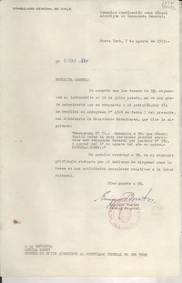 [Oficio] N° 1092-814, 1953 ago. 7, Nueva York, Estados Unidos [a la] Señorita Lucila Godoy, Cónsul de Chile adscrito al Consulado General en New York, [EE.UU.]
