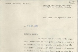 [Oficio] N° 1092-814, 1953 ago. 7, Nueva York, Estados Unidos [a la] Señorita Lucila Godoy, Cónsul de Chile adscrito al Consulado General en New York, [EE.UU.]