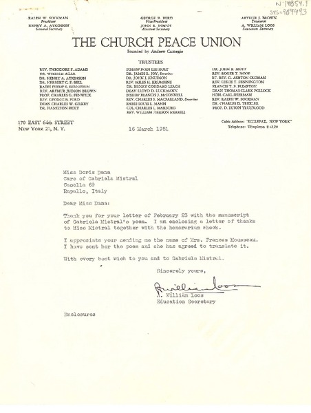 [Carta] 1951 mar. 16, New York, [Estados Unidos] [a] Doris Dana care of Gabriela Mistral, Rapallo, Italia