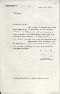 [Oficio] N° 1470, 1953 sept. 24, Washington 6, Embajada de Chile, [EE.UU.] [al] Señor Cónsul General de Chile en Nueva York, N. Y., [EE.UU.]