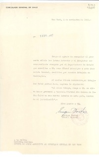 [Oficio] N° 1496-1189, 1953 nov. 2, New York, [EE.UU.] [a la] Señora Gabriela Mistral, Cónsul de Chile adscrito al Consulado General en New York, [EE.UU.]