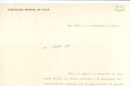 [Oficio] N° 1496-1189, 1953 nov. 2, New York, [EE.UU.] [a la] Señora Gabriela Mistral, Cónsul de Chile adscrito al Consulado General en New York, [EE.UU.]