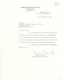 [Oficio] N° 0656456, 1956 oct. 19, Consulado General de Chile, 61 Broadway, New York 6, N. Y., [EE.UU.] [a la] Señorita Gabriela Mistral, Cónsul de Chile, 15 Spruce Street, Roslyn Harbor, L. I., [EE.UU.]