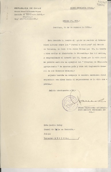 Oficio N° 252, 1950 oct. 24, Santiago, Chile [a la] Srta. Lucila Godoy, Cónsul de Chile en Comisión, Jalapa, Veracruz, México