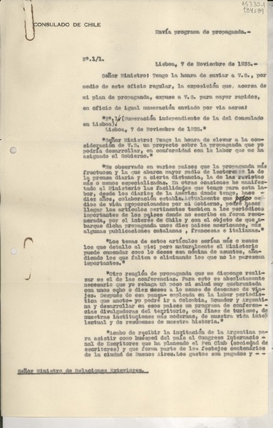 [Oficio] N° 11, 1935 nov. 7, Lisboa, [Portugal] [al] Señor Ministro de Relaciones Exteriores