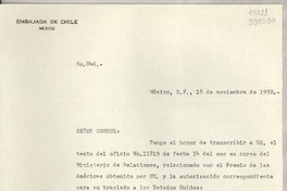 [Oficio] N° 846, 1950 nov. 18, México D. F. [a] Gabriela Mistral, Cónsul de Chile, Veracruz
