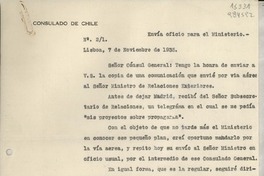 [Oficio] N° 21, 1935 nov. 7, Lisboa, [Portugal] [al] Señor Cónsul General de Chile, Lisboa, [Portugal]