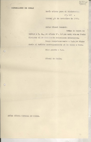 [Oficio] N° 42, 1935 nov. 14, Lisboa, [Portugal] [al] Señor Cónsul General de Chile, [Lisboa], [Portugal]