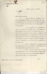[Oficio] N° 1, 1936 ene. 28, Lisboa, [Portugal] [a] Señor Cónsul General de Chile, Lisboa