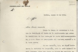 [Oficio] N° 1, 1936 ene. 28, Lisboa, [Portugal] [a] Señor Cónsul General de Chile, Lisboa