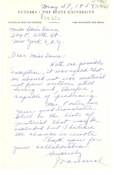 [Carta] 1958 may 27, New Brunswick, New Jersey, [Estados Unidos][a] Doris Dana, New York, [Estados Unidos]