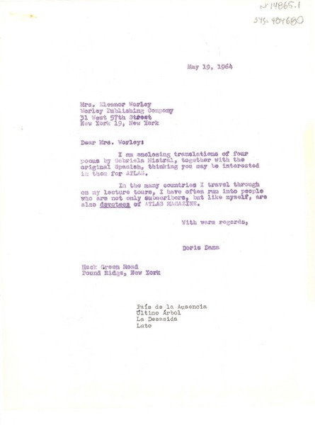 [Carta] 1964 may 19 New York, [Estados Unidos] [a] Eleanor Worley, New York, [Estados Unidos]