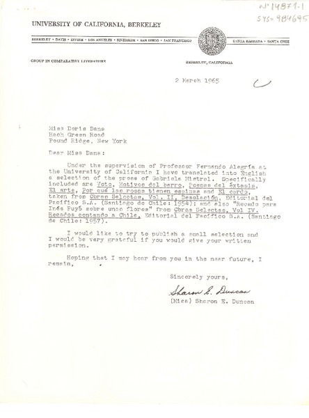 [Carta] 1965 mar. 2, Berkeley, California, [Estados Unidos] [a] Doris Dana, New York, [Estados Unidos]