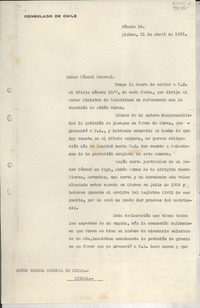 [Oficio] Número 14, 1936 abr. 21, Lisboa, [Portugal] [al] Señor Cónsul General de Chile, Lisboa, [Portugal]