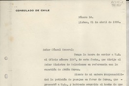 [Oficio] Número 14, 1936 abr. 21, Lisboa, [Portugal] [al] Señor Cónsul General de Chile, Lisboa, [Portugal]