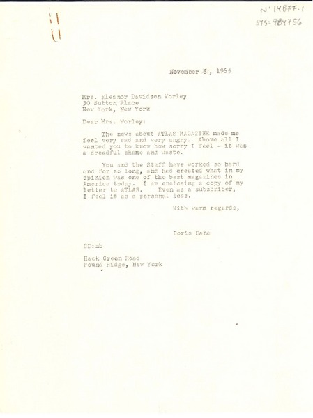 [Carta] 1965 nov. 6, New York, [Estados Unidos] [a] Eleanor Davidson Worley, New York, [Estados Unidos]