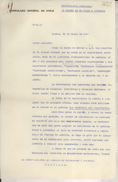 [Oficio] N° 2313, 1937 ene. 30, Lisboa, [Portugal] [al] Señor Ministro de Relaciones Exteriores y Comercio, Santiago, [Chile]