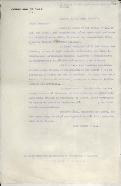 [Oficio] 1937 jun. 11, Lisboa, [Portugal] [al] Señor Ministro de Relaciones Exteriores y Comercio, Santiago, Chile