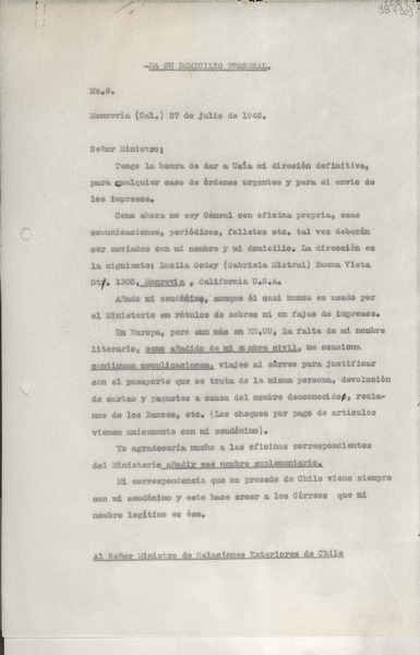 [Oficio] N° 6, 1946 jul. 27, Monrovia, Cal., [Estados Unidos] [al] Señor Ministro de Relaciones Exteriores de Chile