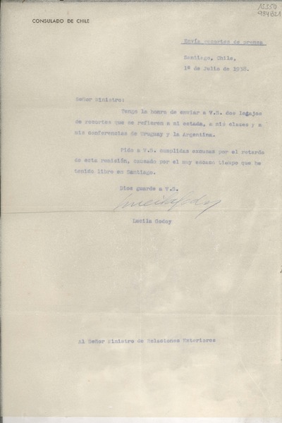 [Oficio] 1938 jul. 1, Santiago, Chile [al] Señor Ministro de Relaciones Exteriores